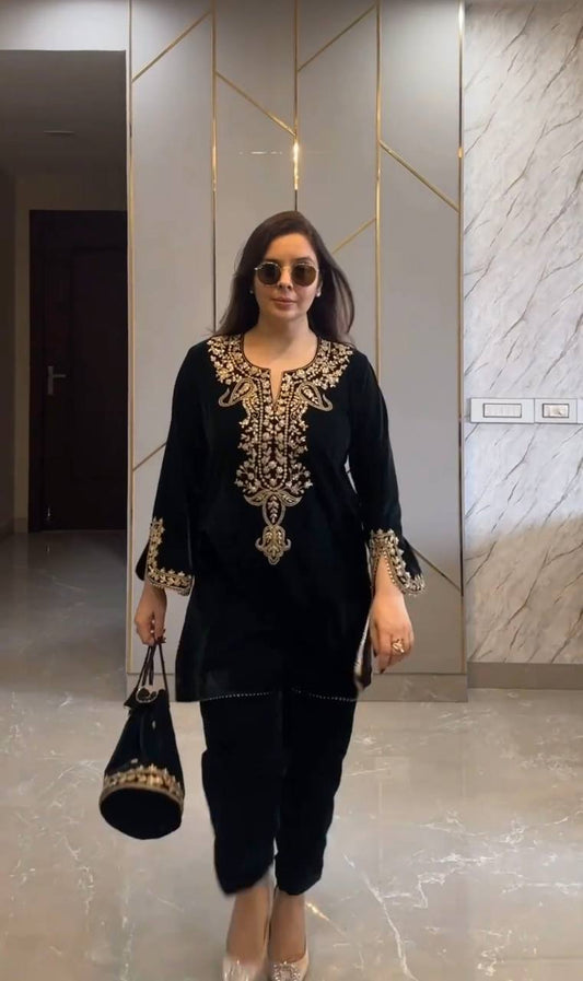 Black viscose velvet embroidery work party wear look top with fully stitched bottom