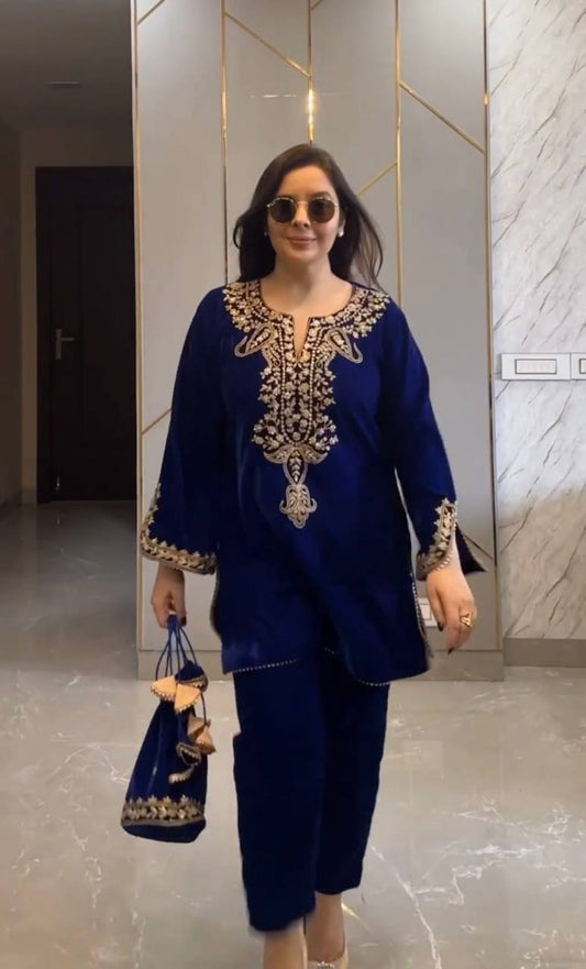 Blue viscose velvet embroidery work party wear look top with fully stitched bottom