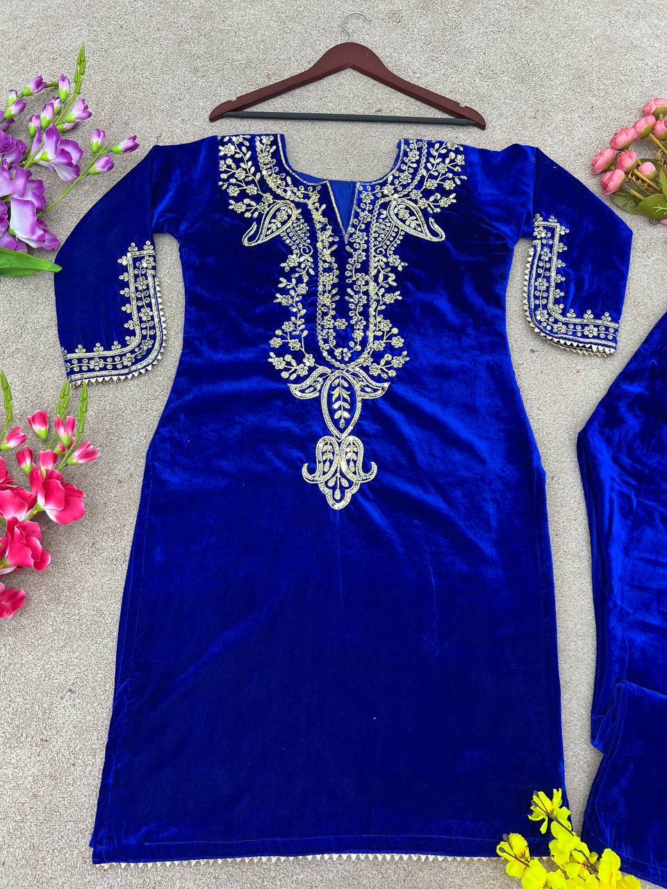 Blue viscose velvet embroidery work party wear look top with fully stitched bottom