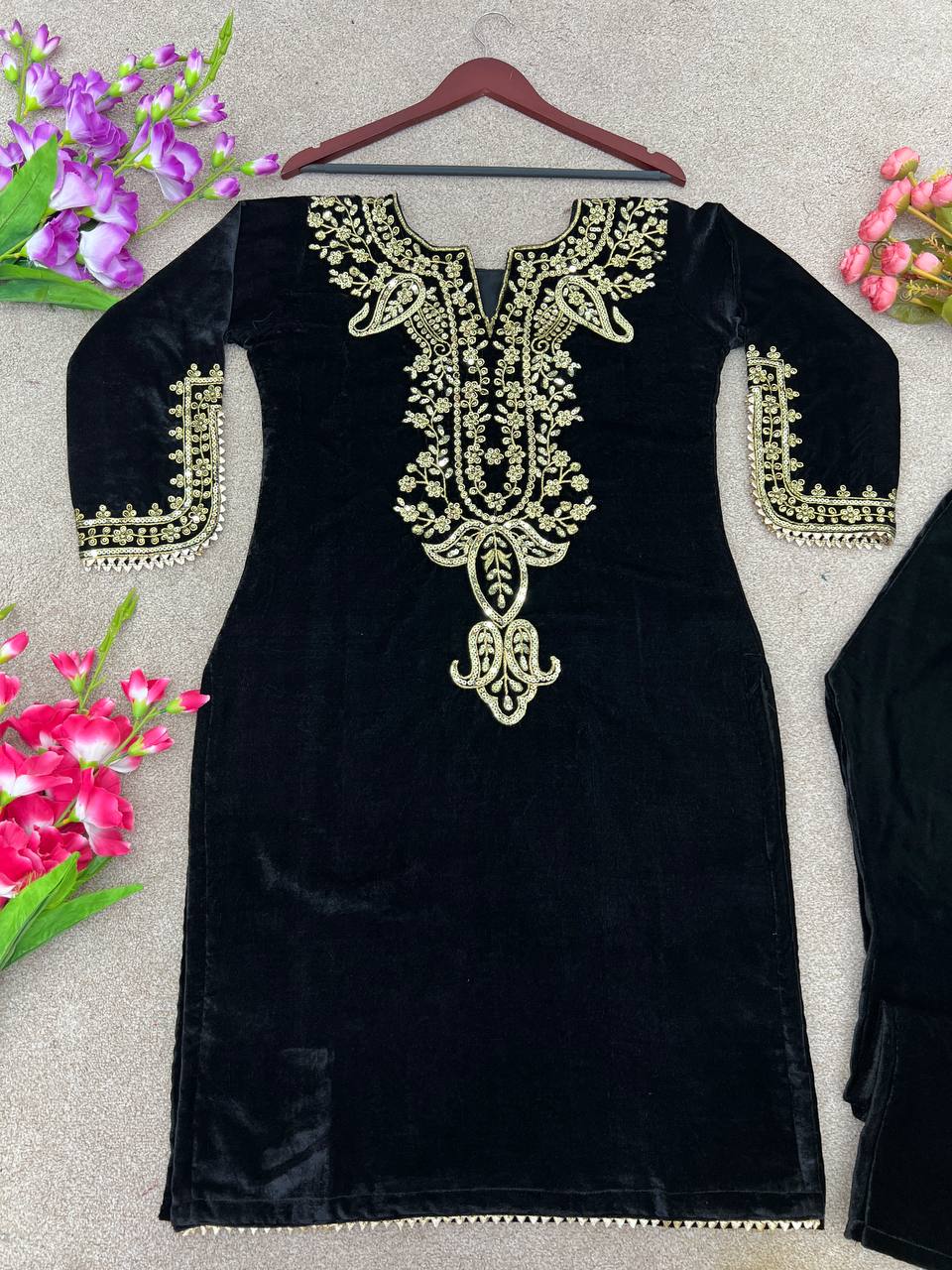 Black viscose velvet embroidery work party wear look top with fully stitched bottom