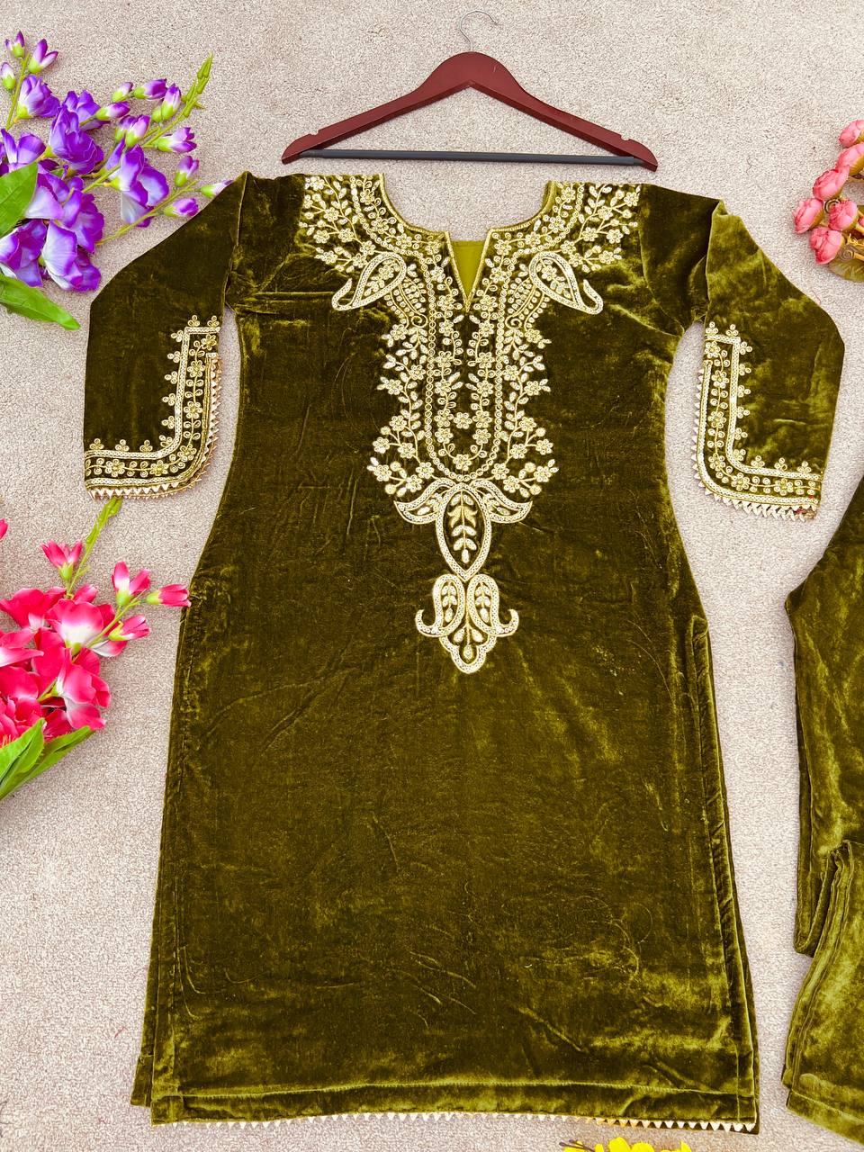 Mehndi viscose velvet embroidery work party wear look top with fully stitched bottom