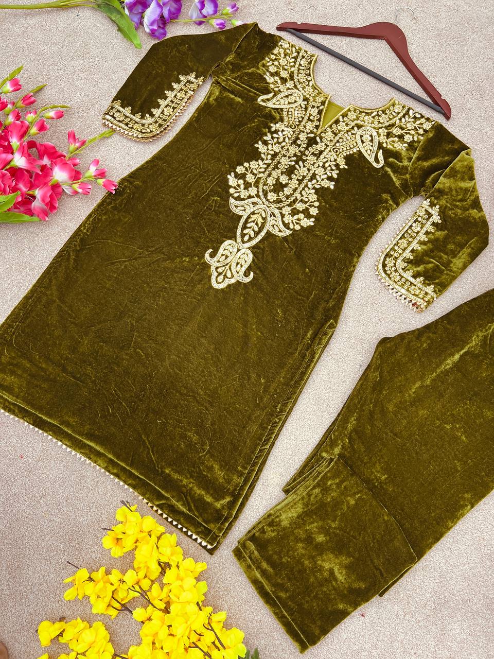 Mehndi viscose velvet embroidery work party wear look top with fully stitched bottom