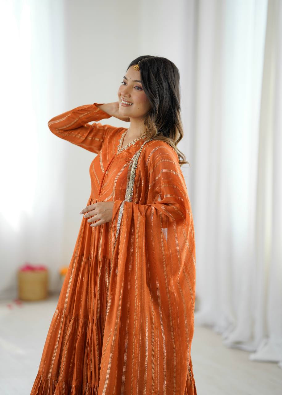 Orange chanderi women’s ethnic wear ruffle gown