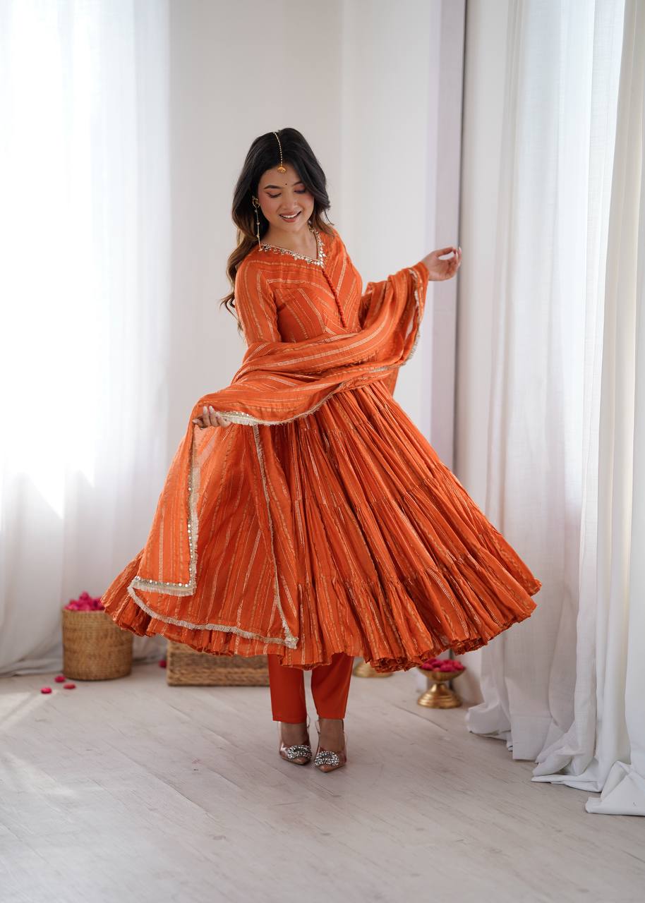 Orange chanderi women’s ethnic wear ruffle gown