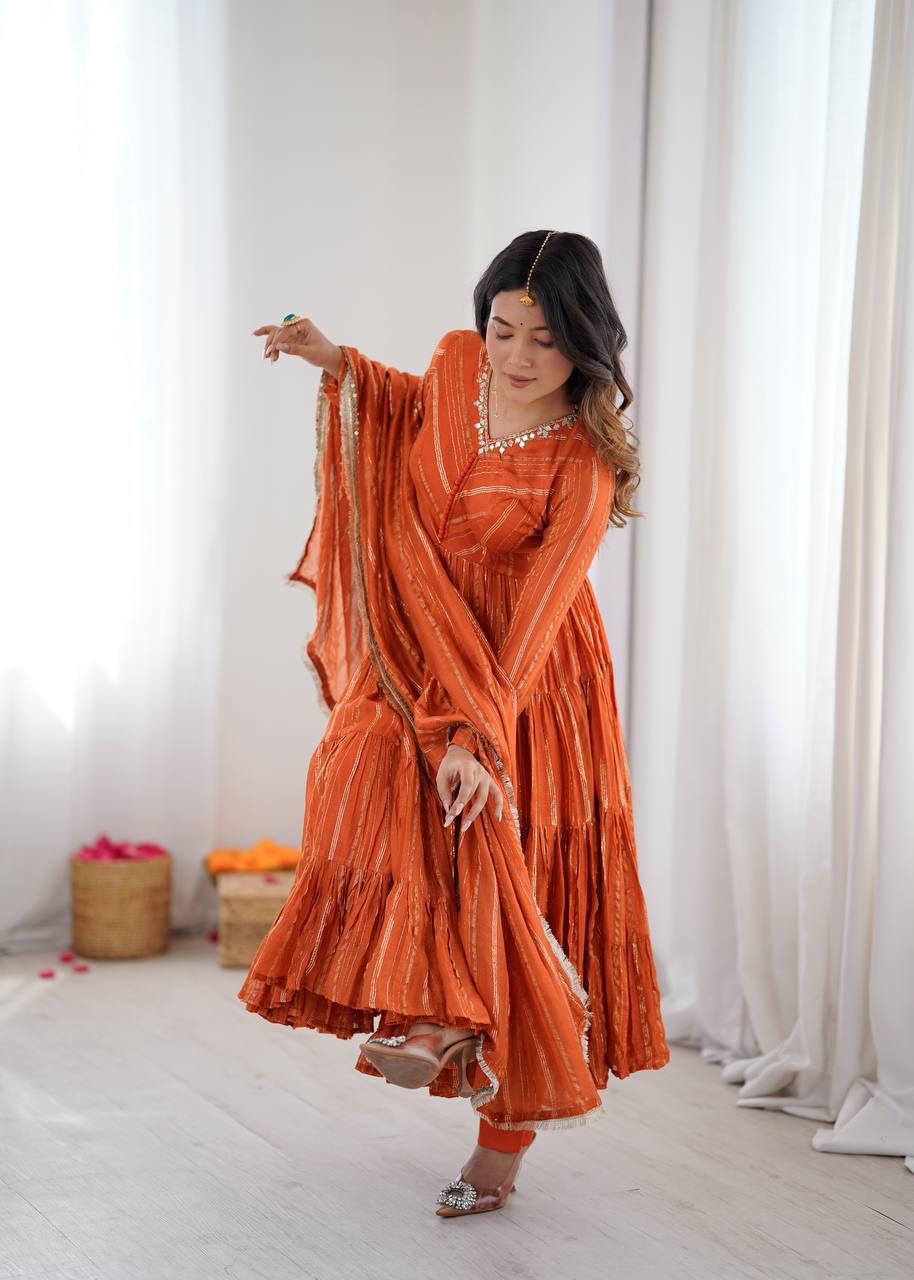 Orange chanderi women’s ethnic wear ruffle gown