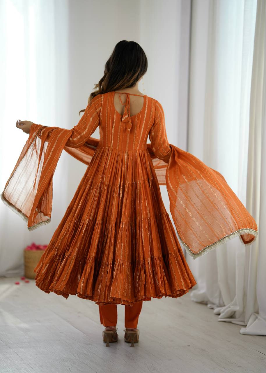 Orange chanderi women’s ethnic wear ruffle gown