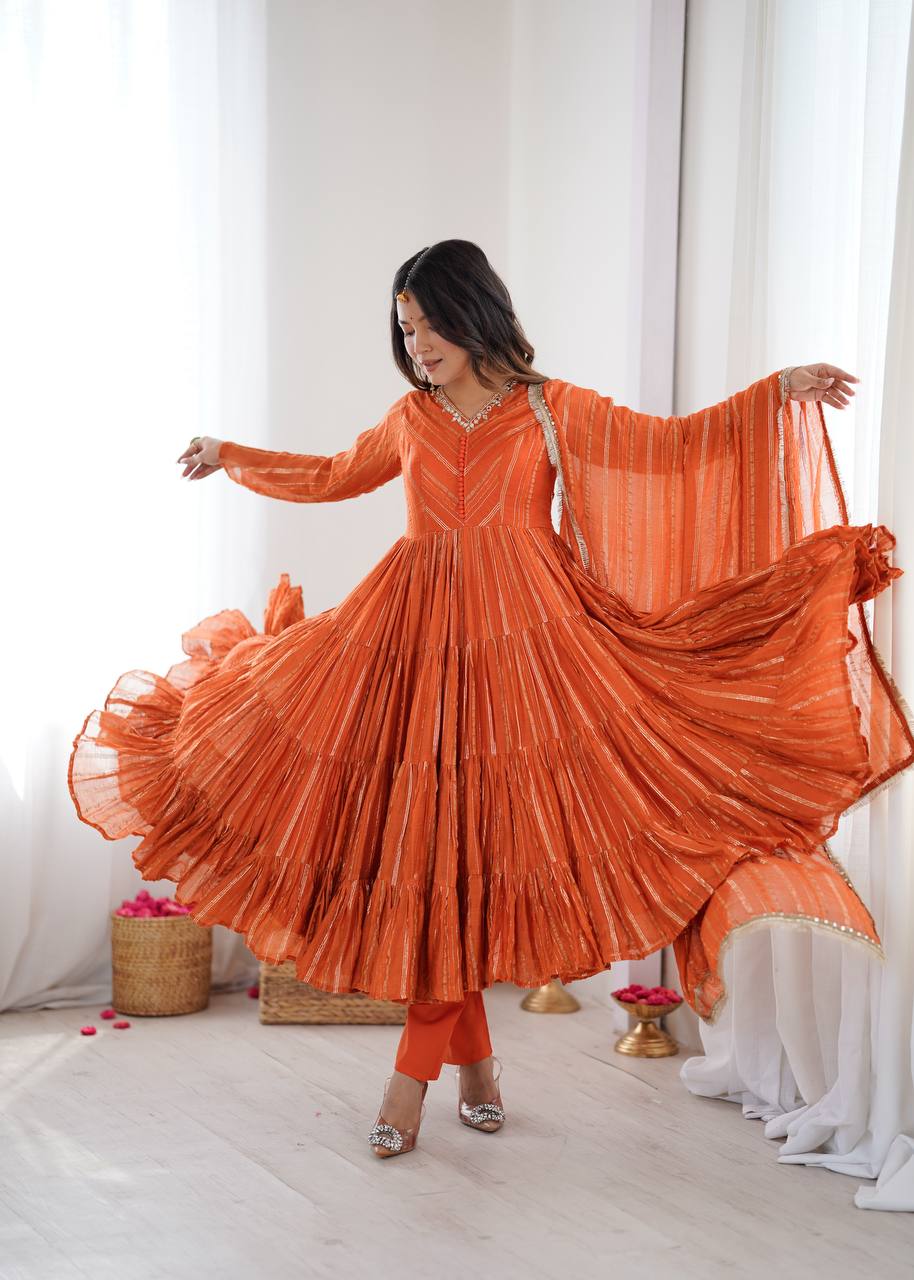 Orange chanderi women’s ethnic wear ruffle gown