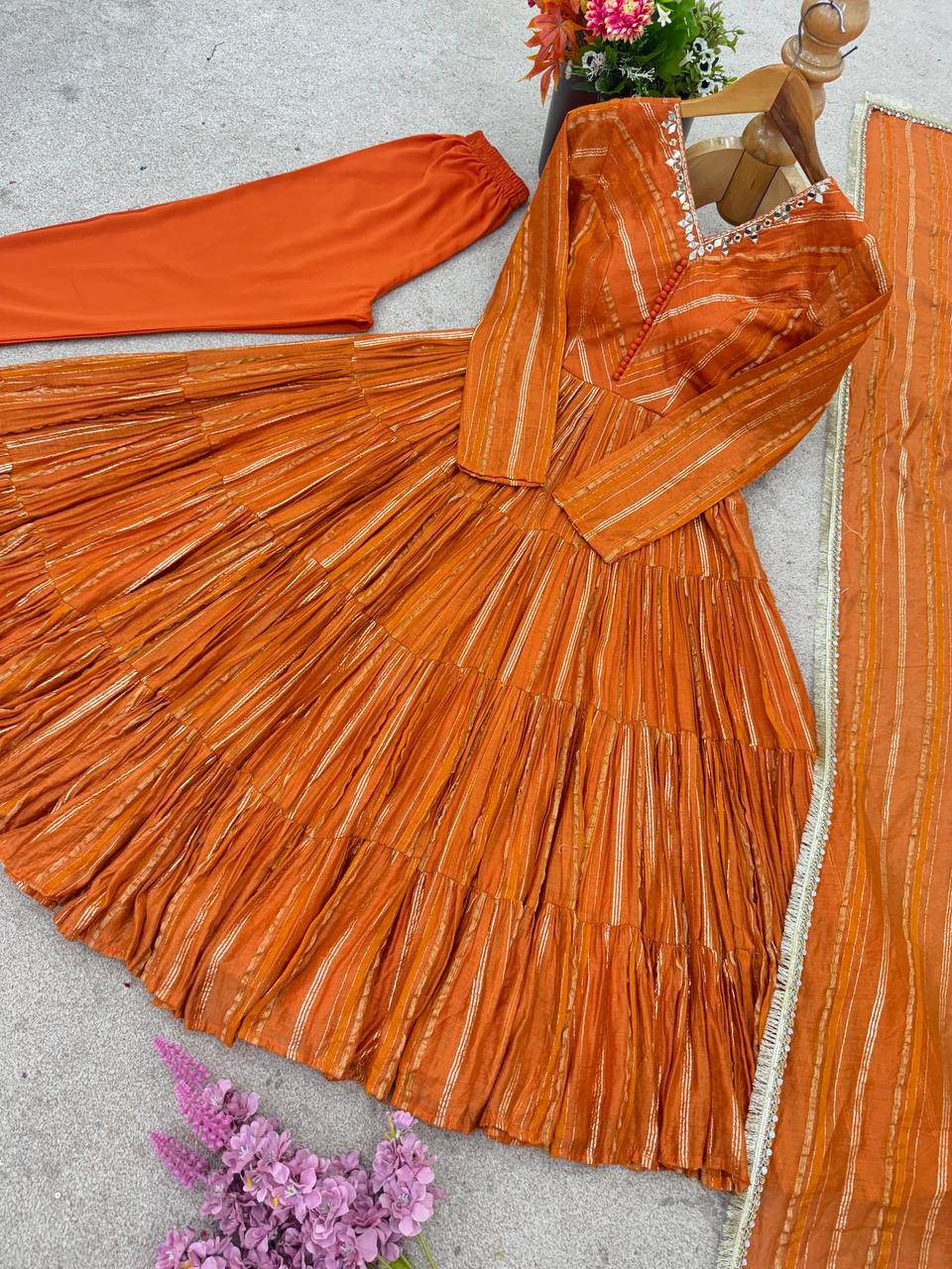 Orange chanderi women’s ethnic wear ruffle gown