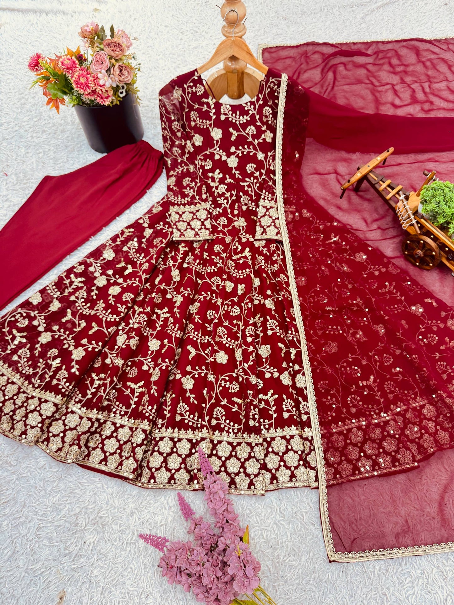 Red faux georgette embroidery sequence work anarkali three piece set