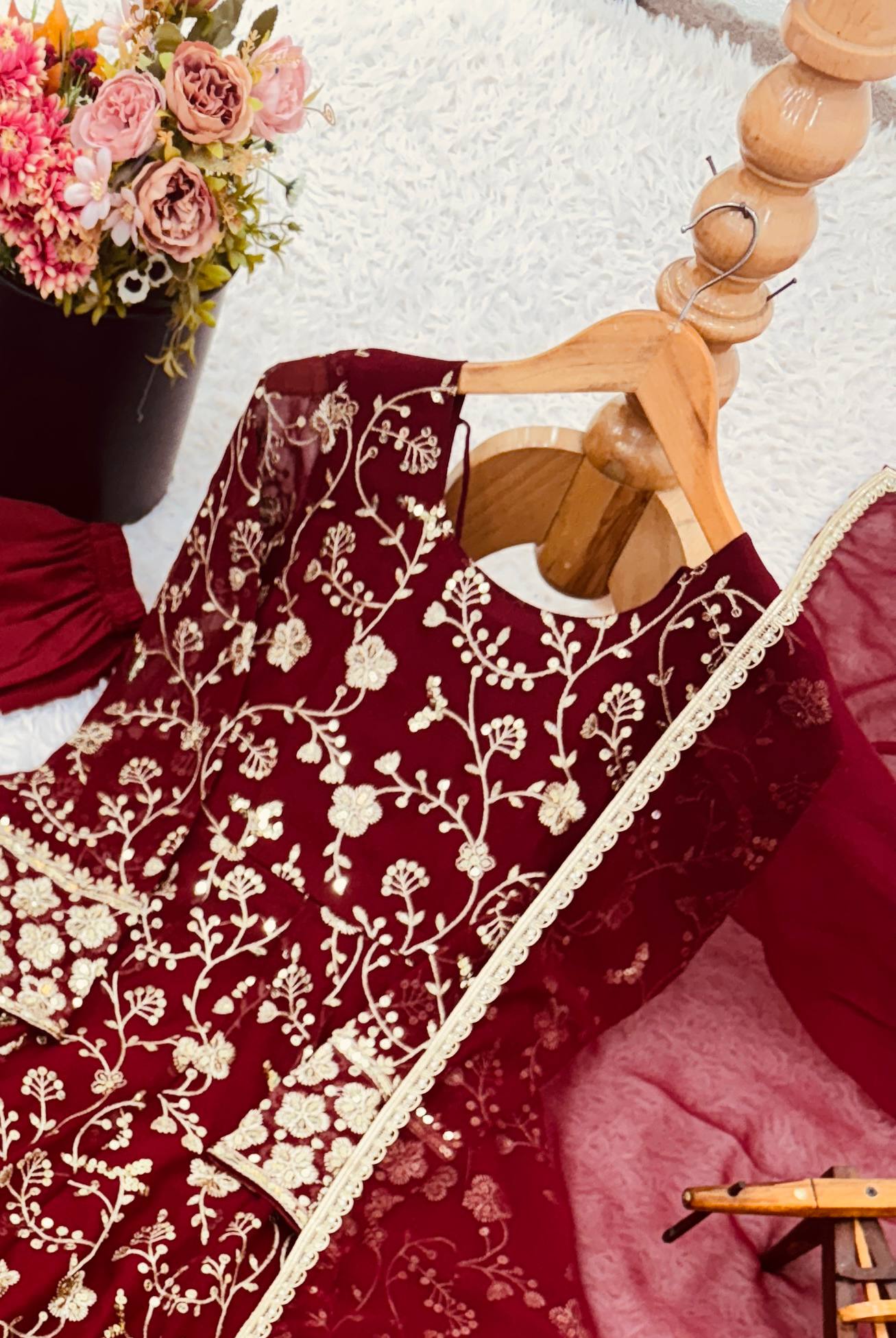 Red faux georgette embroidery sequence work anarkali three piece set