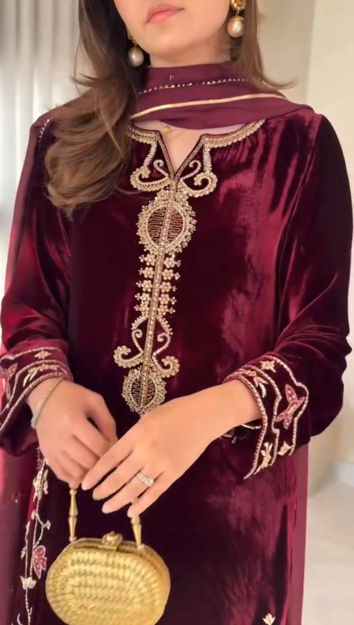 Red heavy viscose velvet with heavy embroidery sequence work top-dupatta and bottom fully stitched Bottom