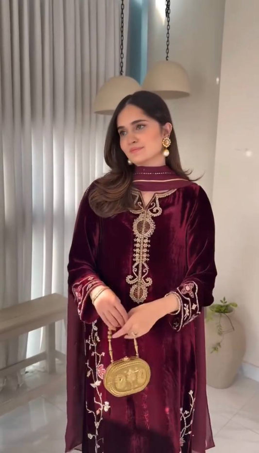Red heavy viscose velvet with heavy embroidery sequence work top-dupatta and bottom fully stitched Bottom