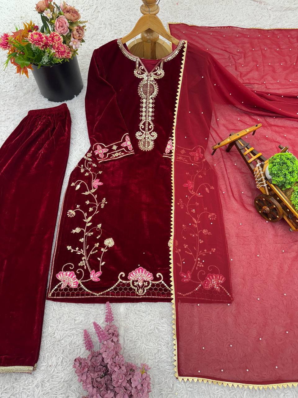 Red heavy viscose velvet with heavy embroidery sequence work top-dupatta and bottom fully stitched Bottom