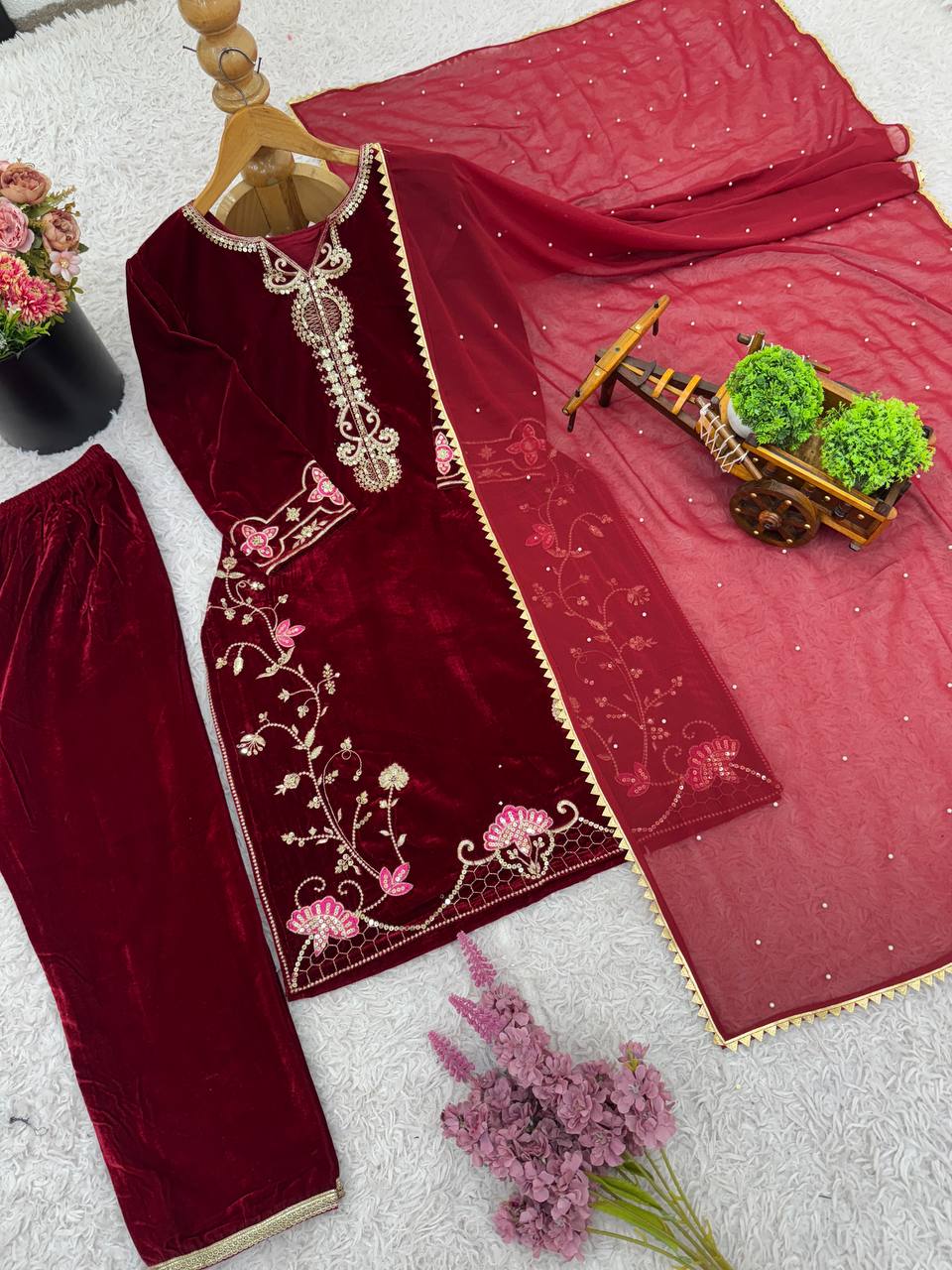 Red heavy viscose velvet with heavy embroidery sequence work top-dupatta and bottom fully stitched Bottom