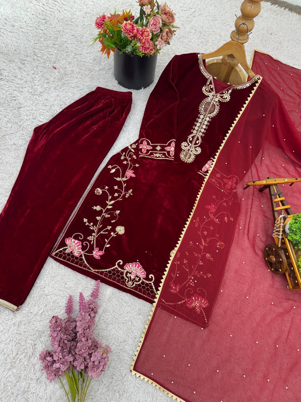 Red heavy viscose velvet with heavy embroidery sequence work top-dupatta and bottom fully stitched Bottom