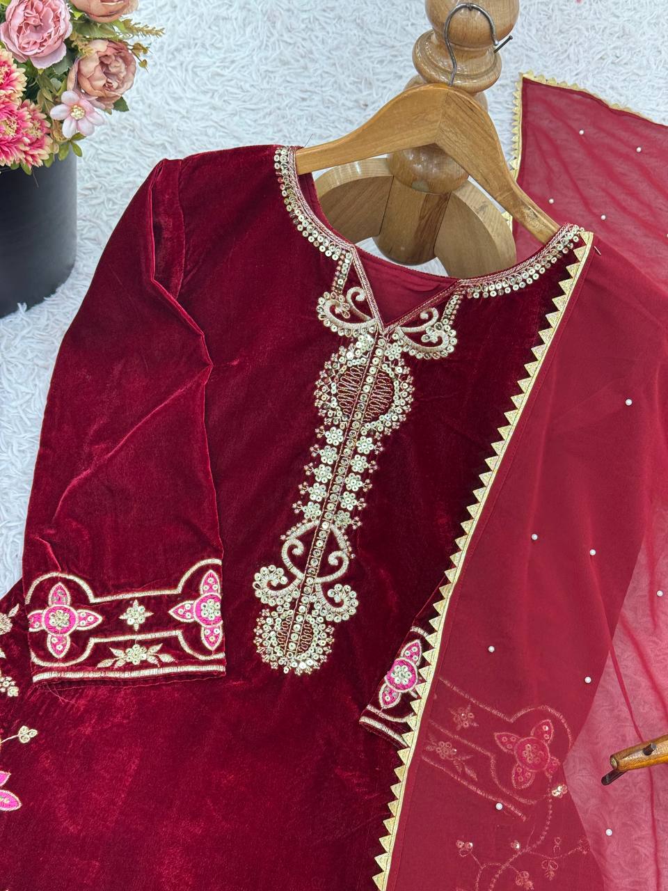Red heavy viscose velvet with heavy embroidery sequence work top-dupatta and bottom fully stitched Bottom