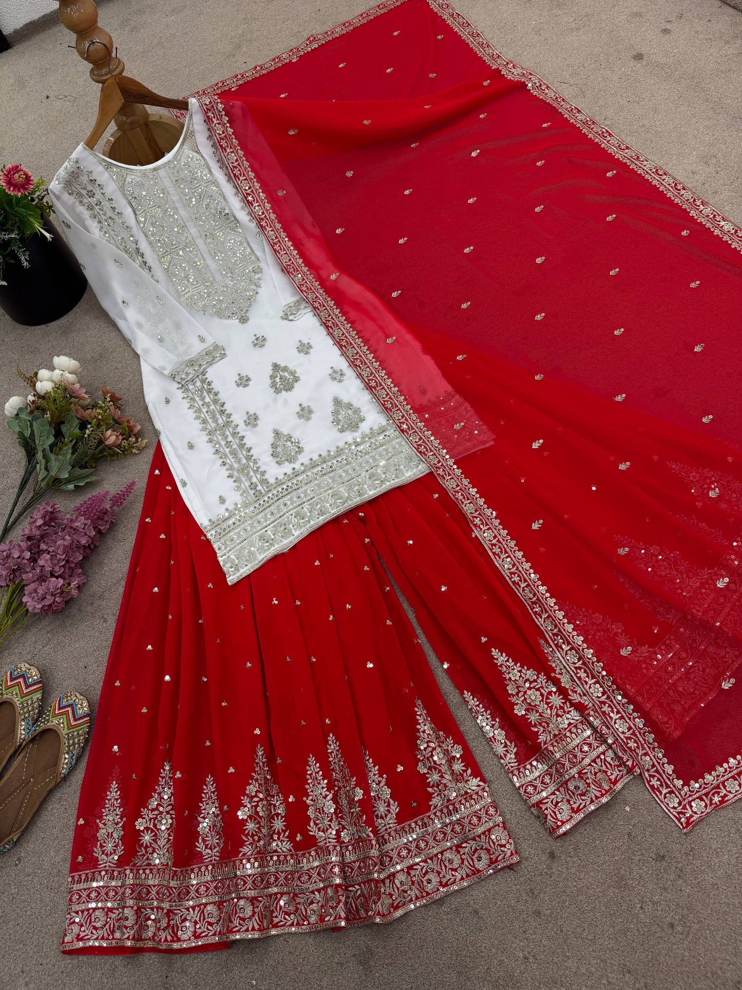 White georgette with  embroidery sequence work women’s ethnic wear