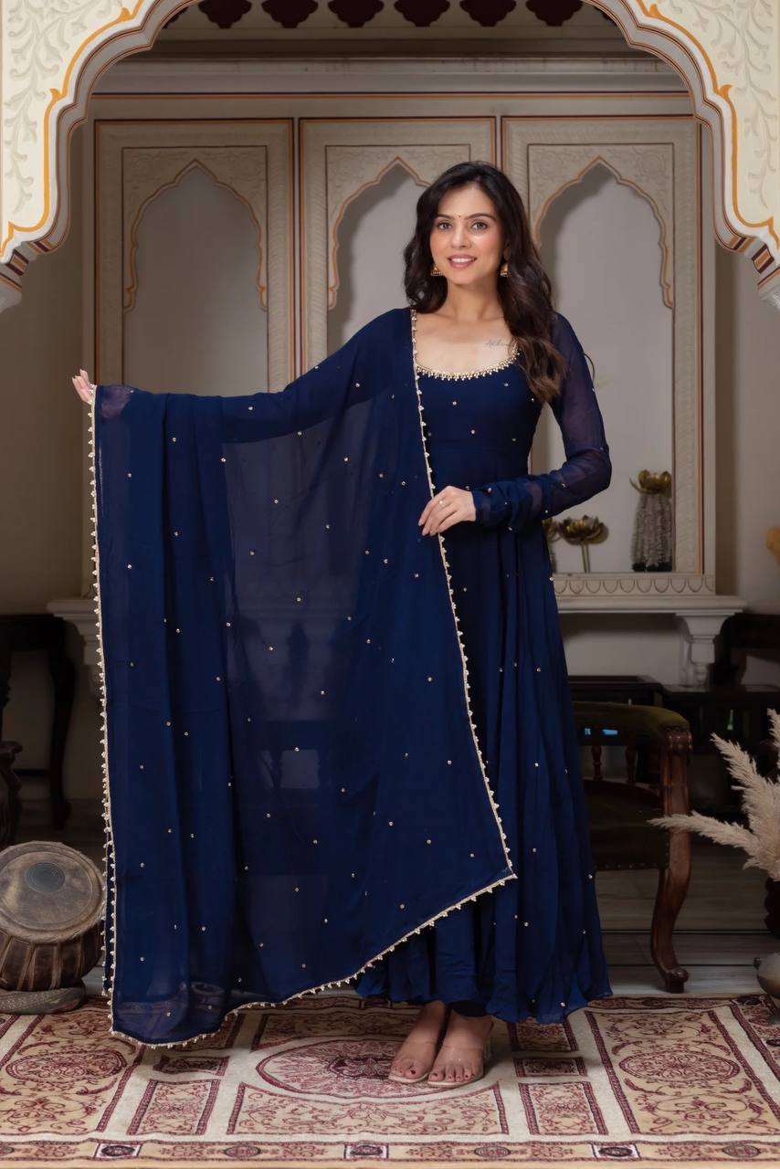Navy blue faux georgette with hand work with stone work gown-pant and dupatta set