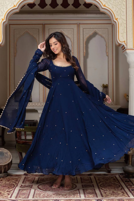 Navy blue faux georgette with hand work with stone work gown-pant and dupatta set