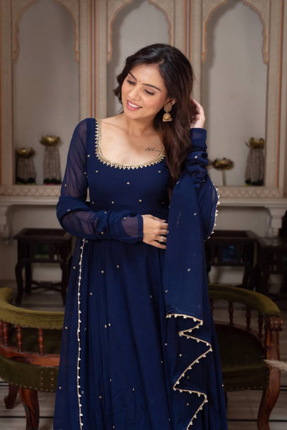 Navy blue faux georgette with hand work with stone work gown-pant and dupatta set
