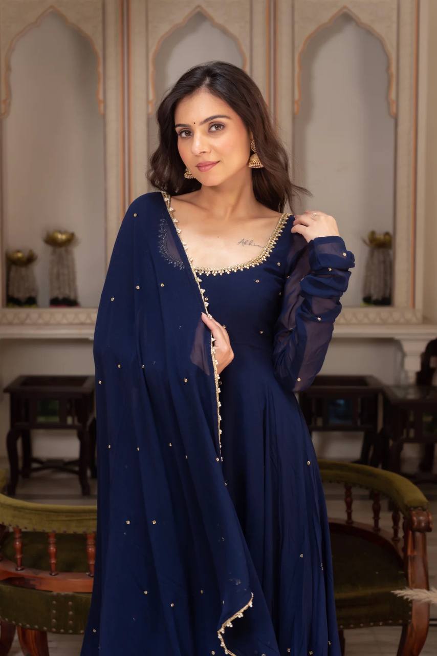Navy blue faux georgette with hand work with stone work gown-pant and dupatta set