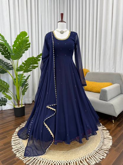 Navy blue faux georgette with hand work with stone work gown-pant and dupatta set