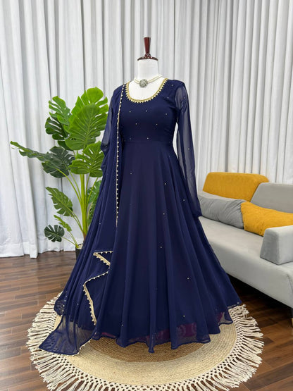 Navy blue faux georgette with hand work with stone work gown-pant and dupatta set