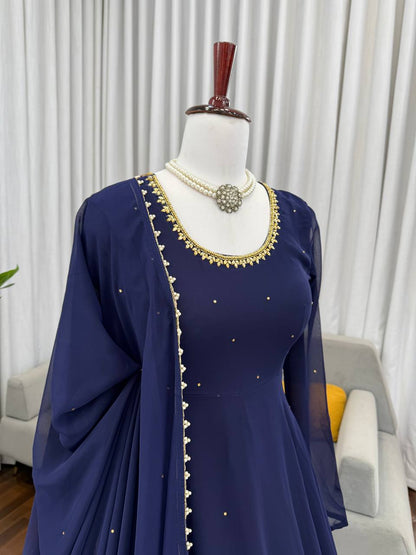 Navy blue faux georgette with hand work with stone work gown-pant and dupatta set