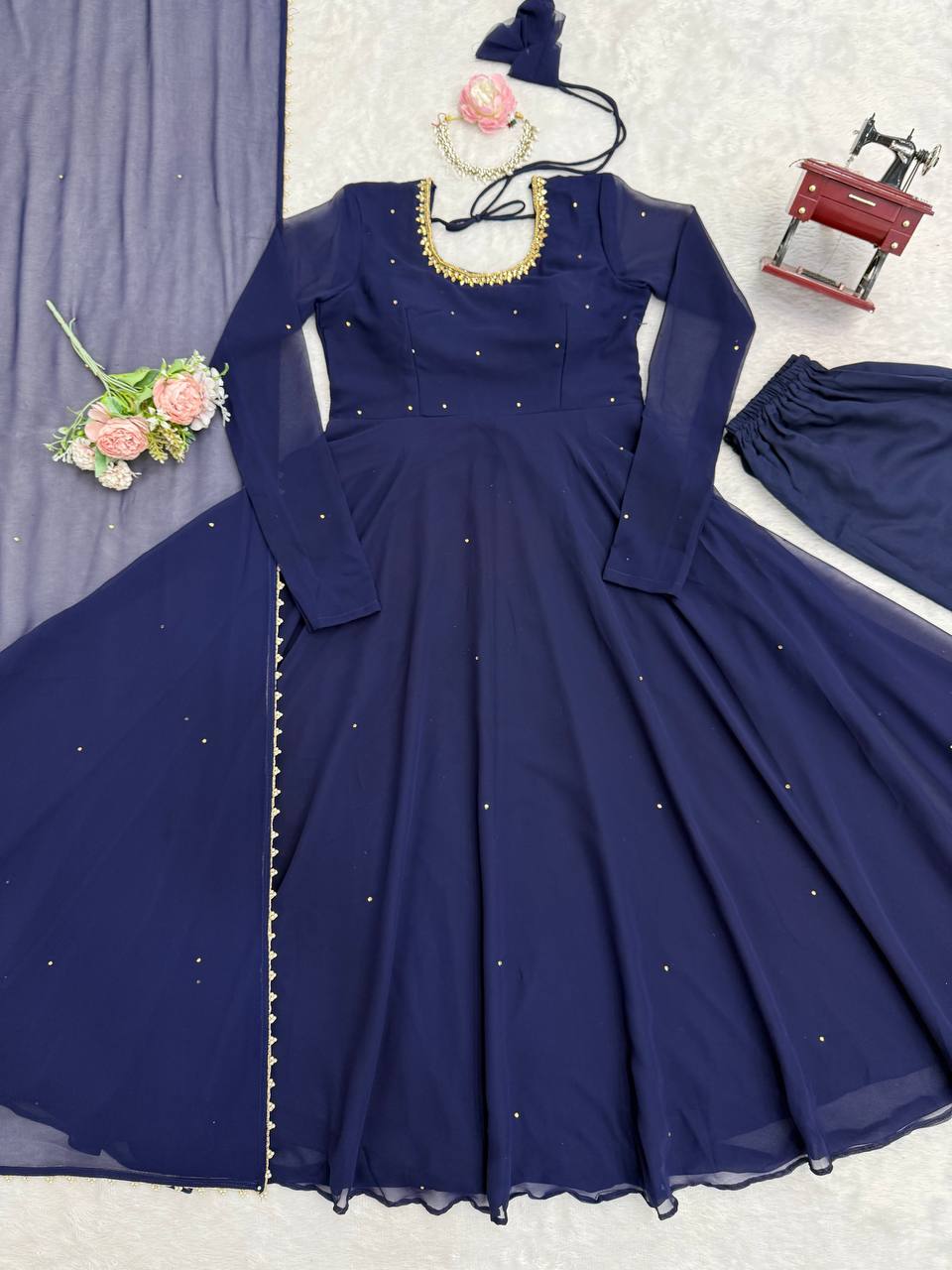 Navy blue faux georgette with hand work with stone work gown-pant and dupatta set