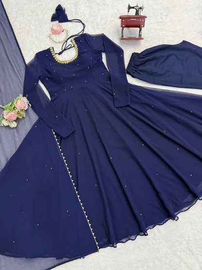 Navy blue faux georgette with hand work with stone work gown-pant and dupatta set