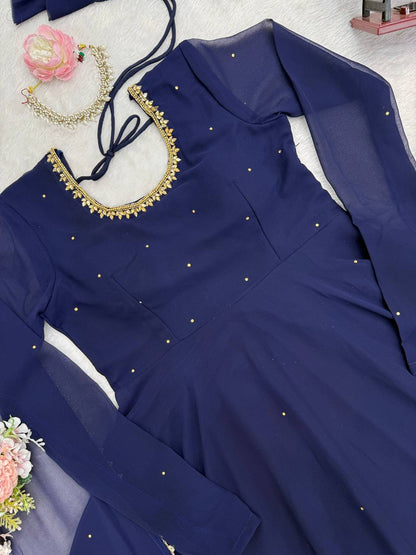 Navy blue faux georgette with hand work with stone work gown-pant and dupatta set