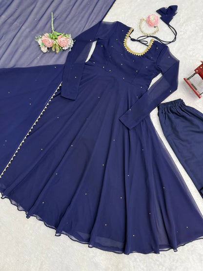 Navy blue faux georgette with hand work with stone work gown-pant and dupatta set