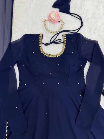 Navy blue faux georgette with hand work with stone work gown-pant and dupatta set
