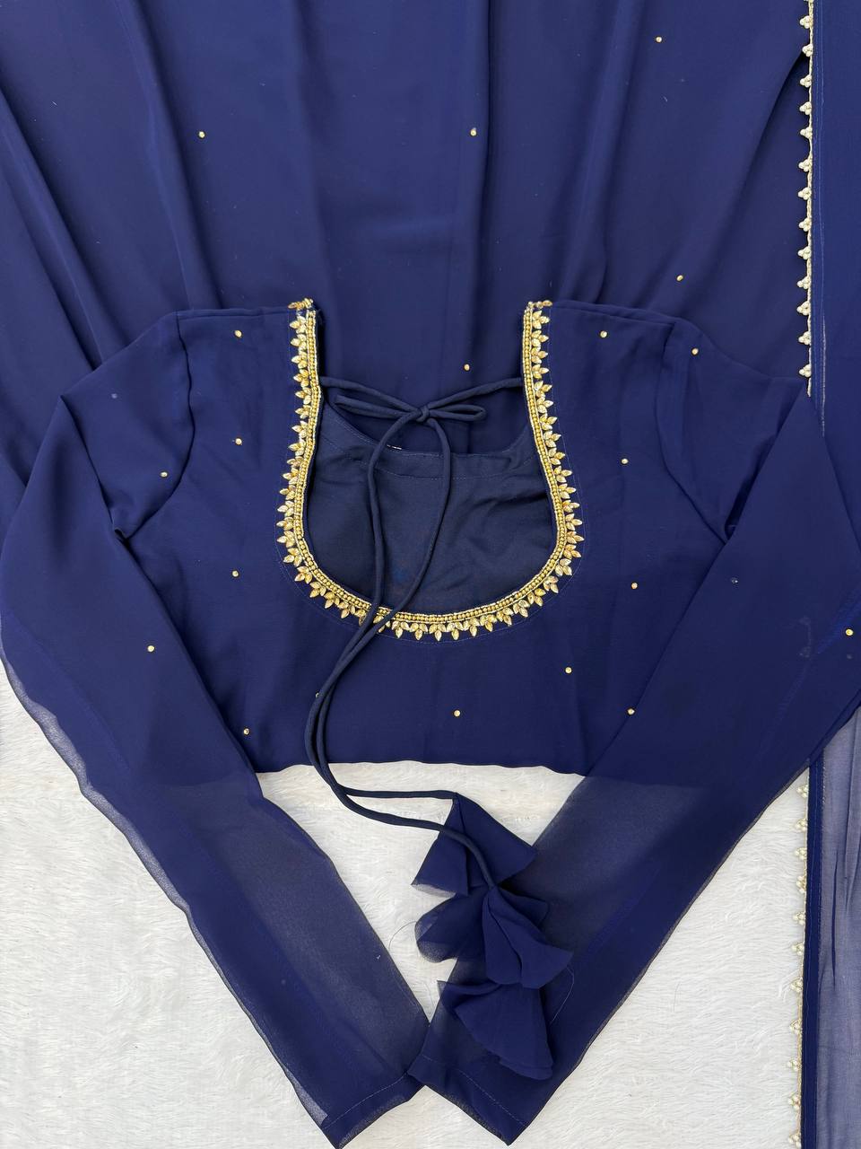 Navy blue faux georgette with hand work with stone work gown-pant and dupatta set
