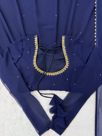 Navy blue faux georgette with hand work with stone work gown-pant and dupatta set