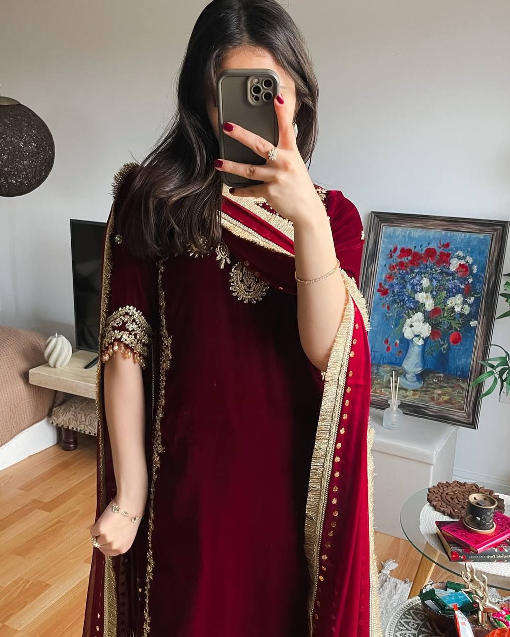 Maroon heavy viscose velvet eid special with heavy embroidery sequence work