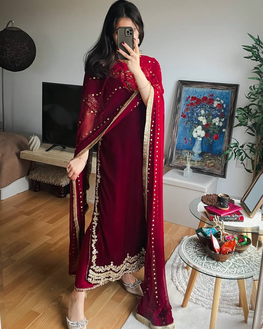Maroon heavy viscose velvet eid special with heavy embroidery sequence work