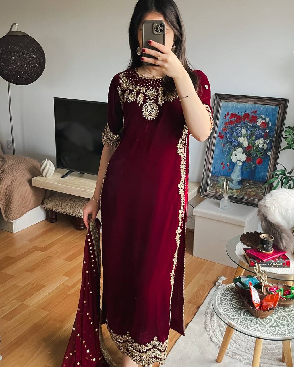 Maroon heavy viscose velvet eid special with heavy embroidery sequence work