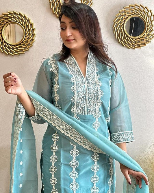 Sky blue vichitra silk embroidered work kurta pant dupatta set