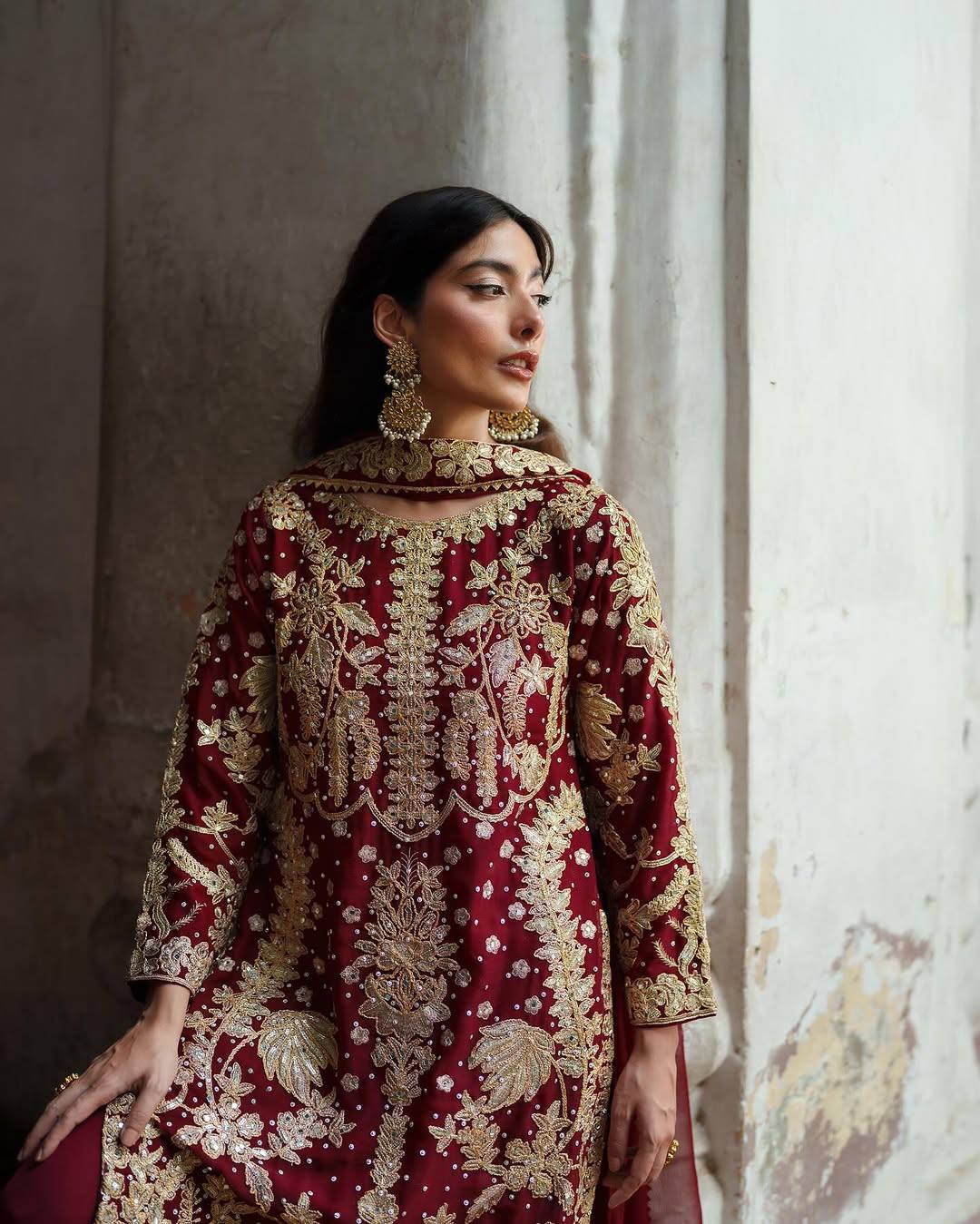 Red faux georgette embroidered sequence suit full stitched three piece set