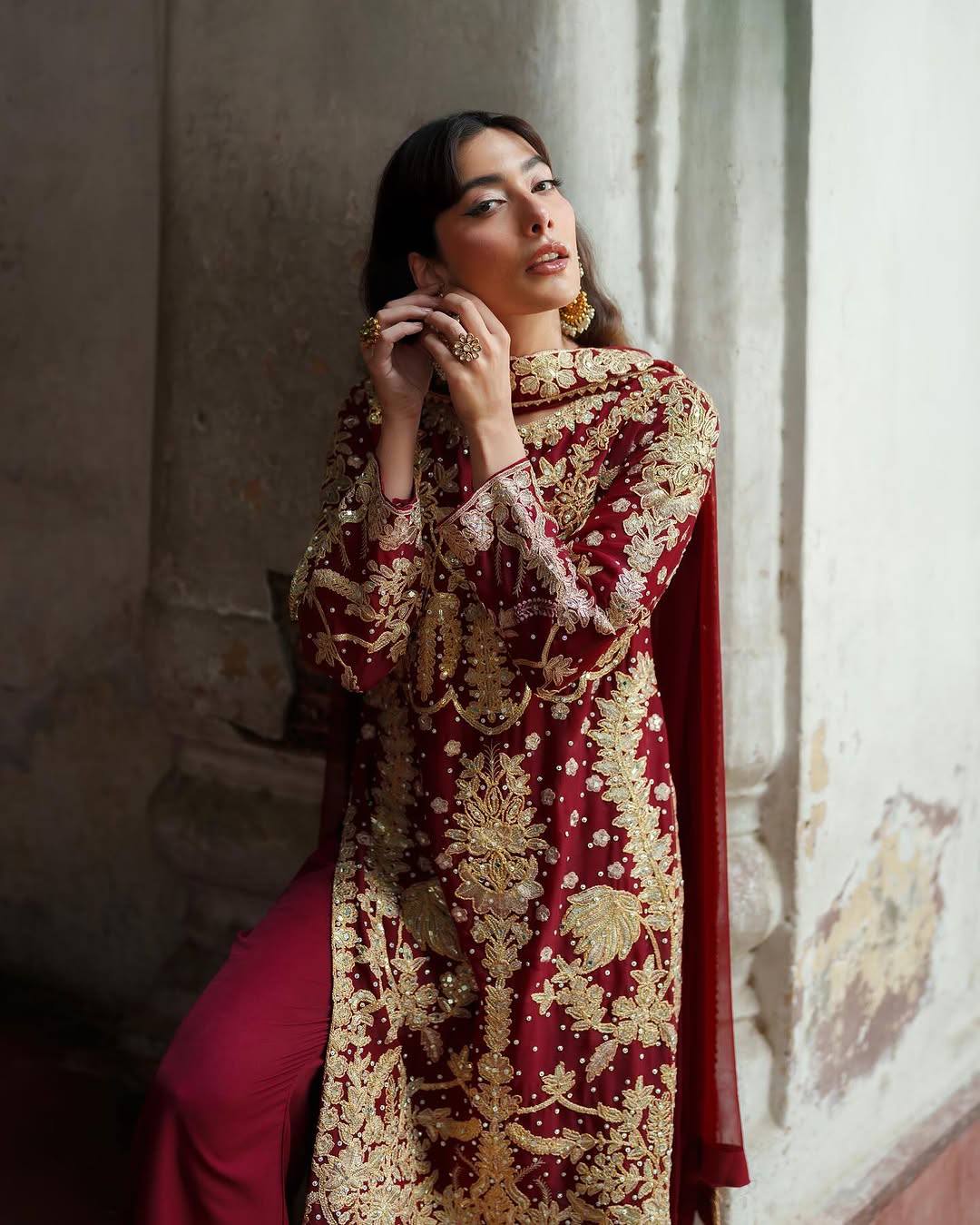Red faux georgette embroidered sequence suit full stitched three piece set