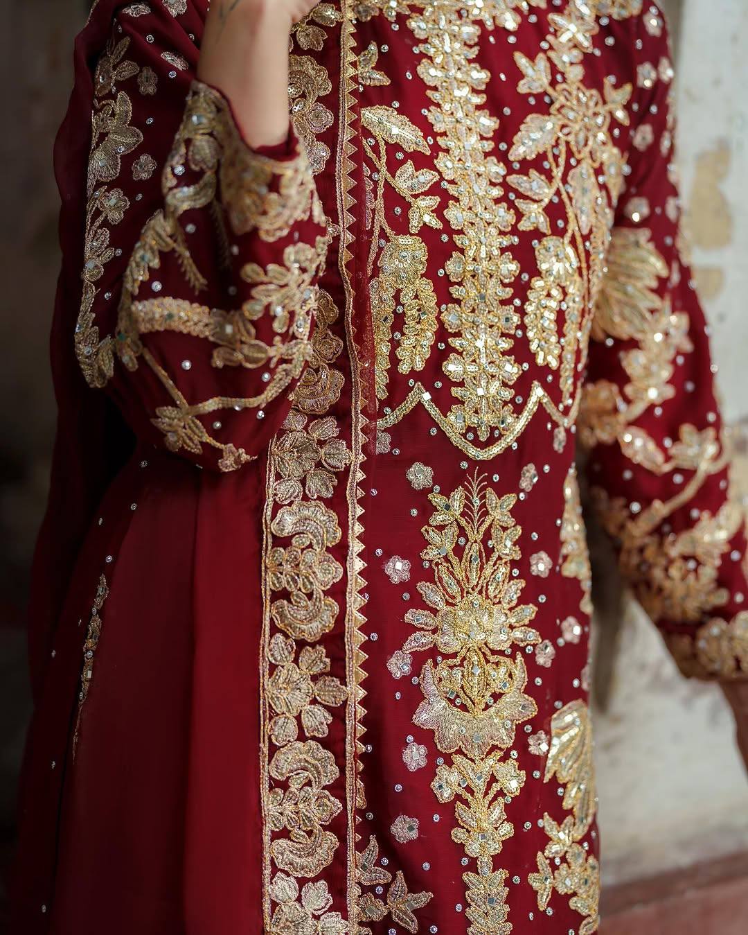 Red faux georgette embroidered sequence suit full stitched three piece set