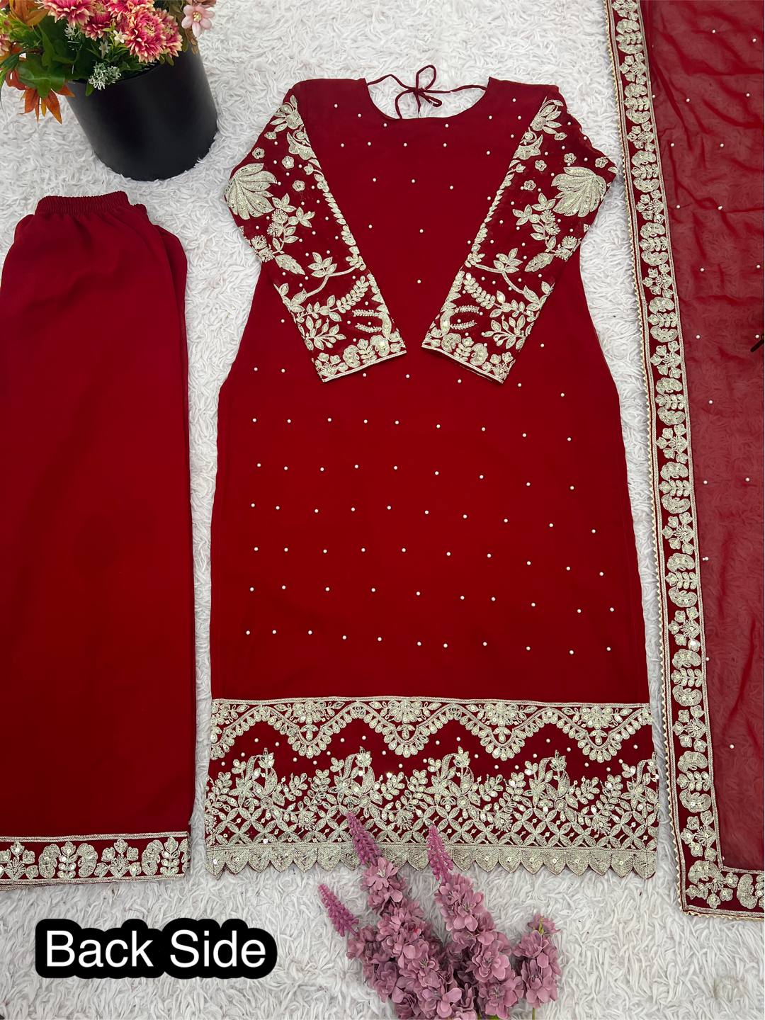 Red faux georgette embroidered sequence suit full stitched three piece set
