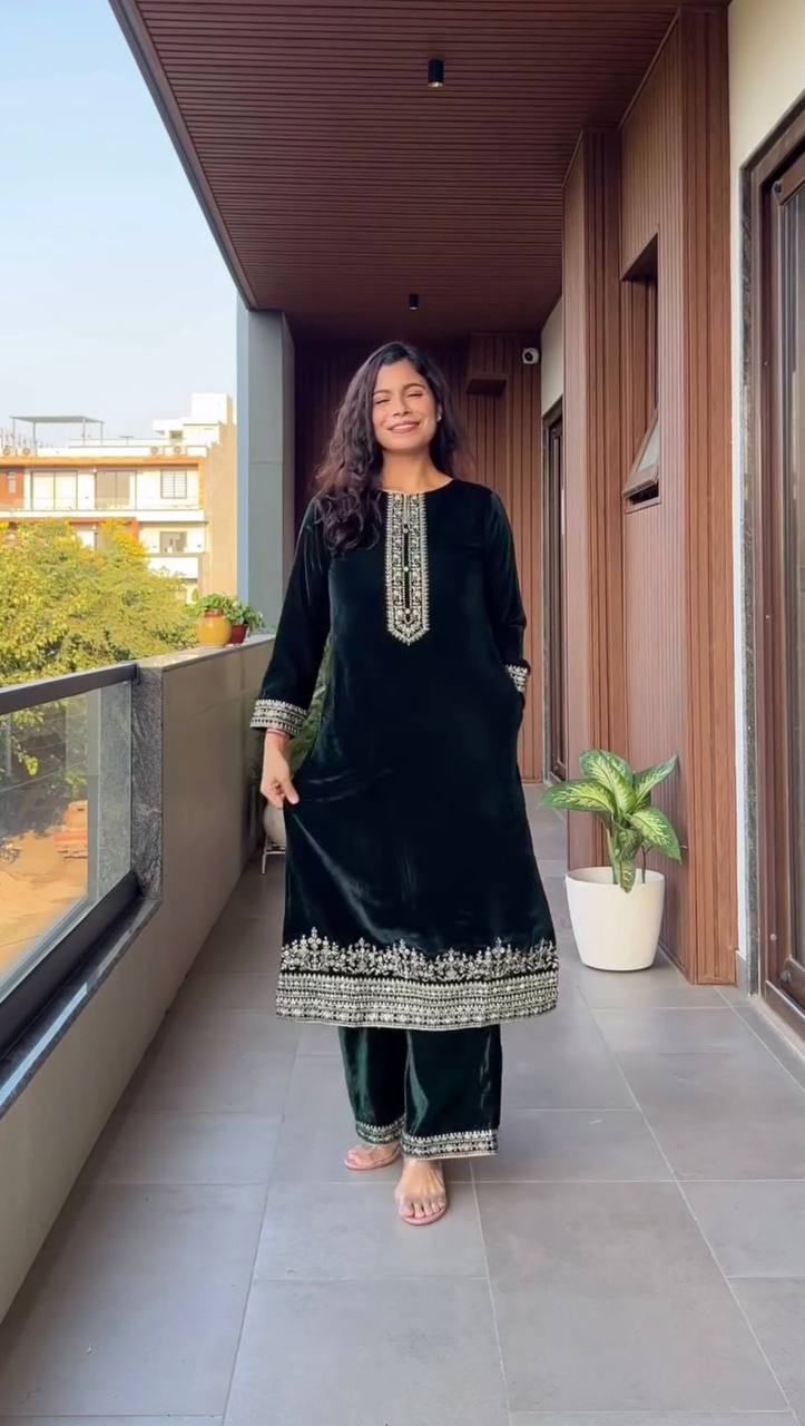 Premium Velvet Winter Wear 2025 Sequence Embroidered 3 Piece Pant Set