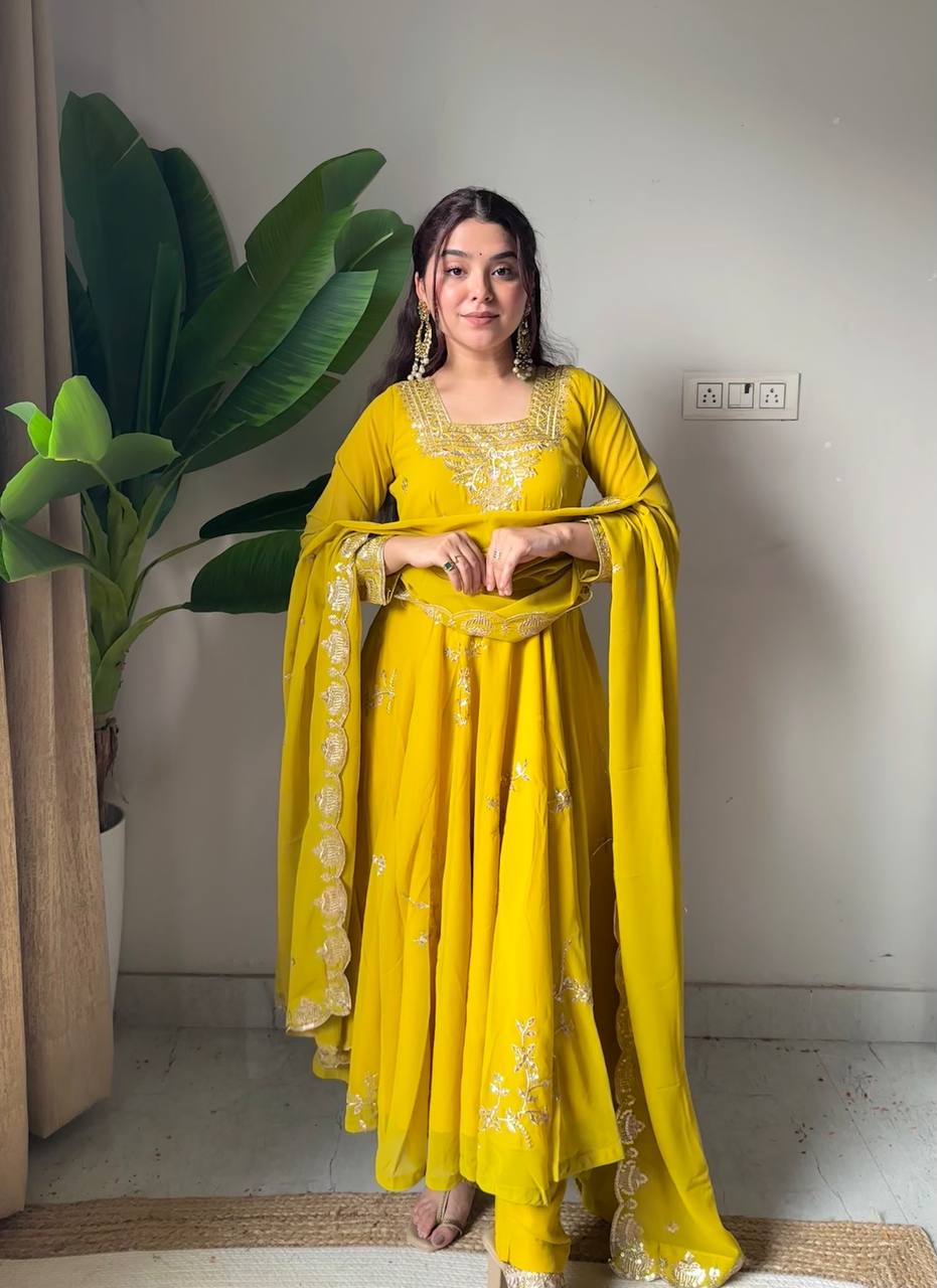 Yellow fox georgette sequence embroidery work gown pant and dupatta