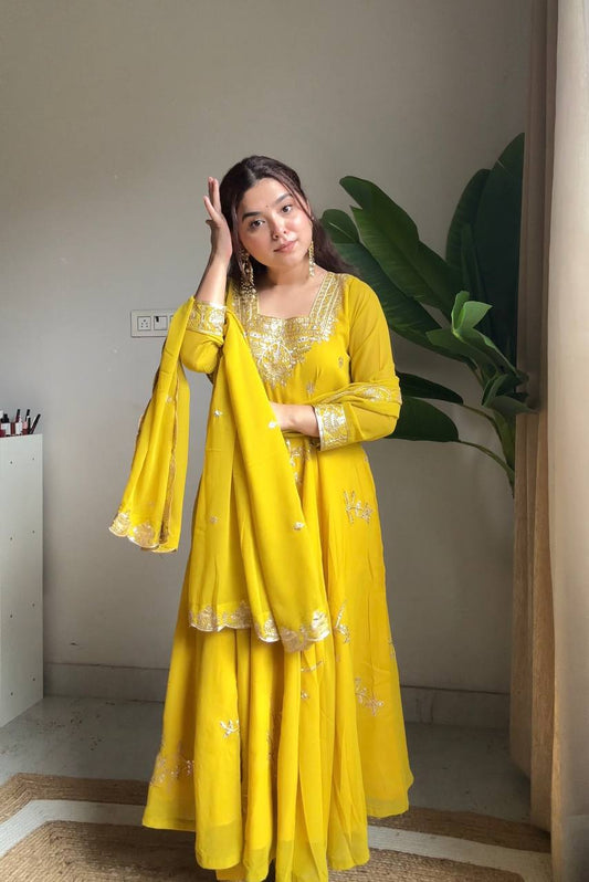 Yellow fox georgette sequence embroidery work gown pant and dupatta