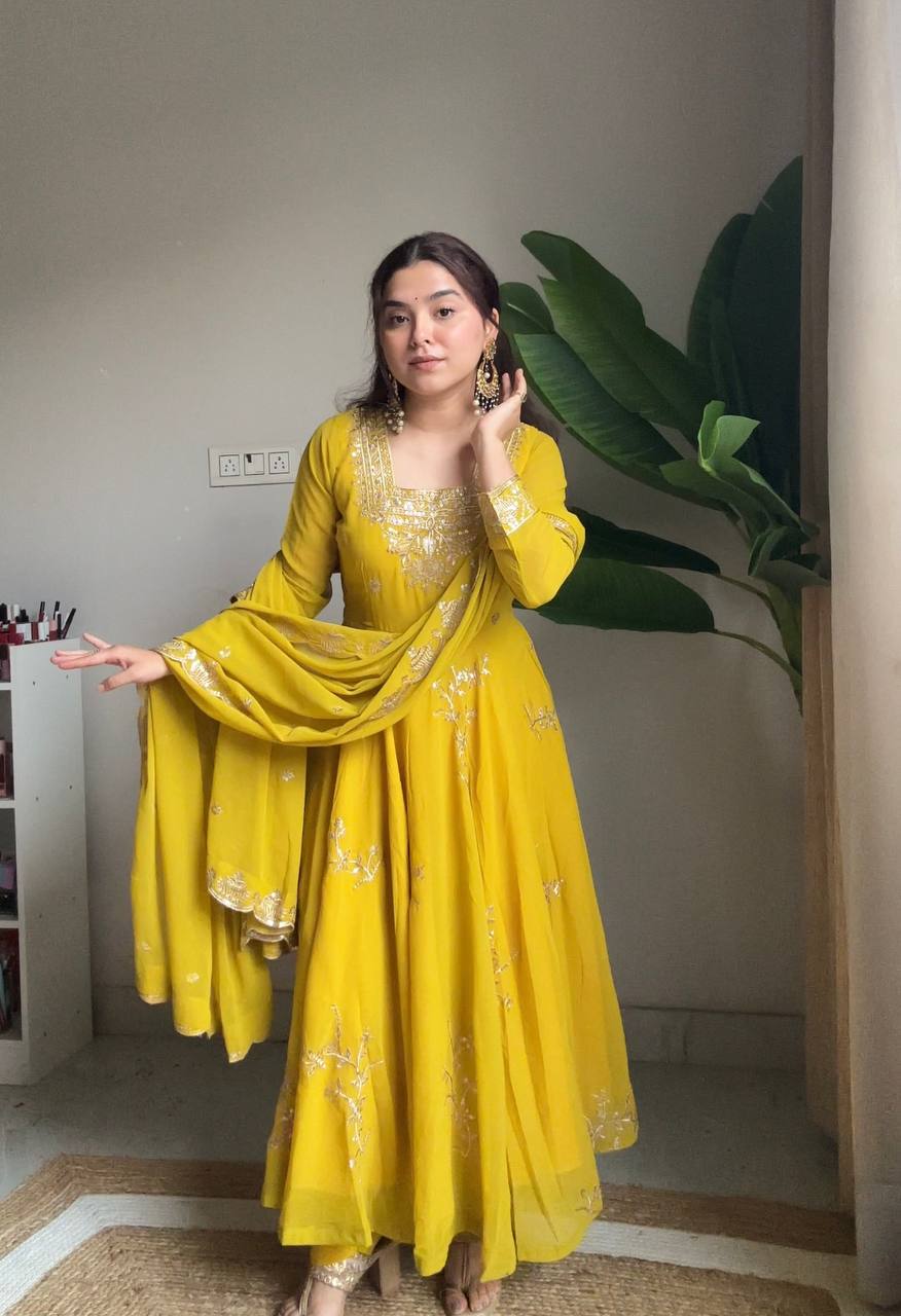 Yellow fox georgette sequence embroidery work gown pant and dupatta
