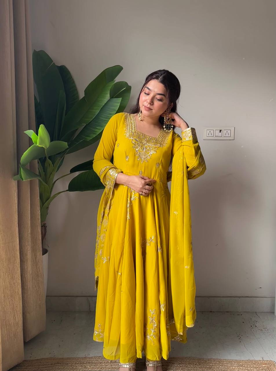 Yellow fox georgette sequence embroidery work gown pant and dupatta