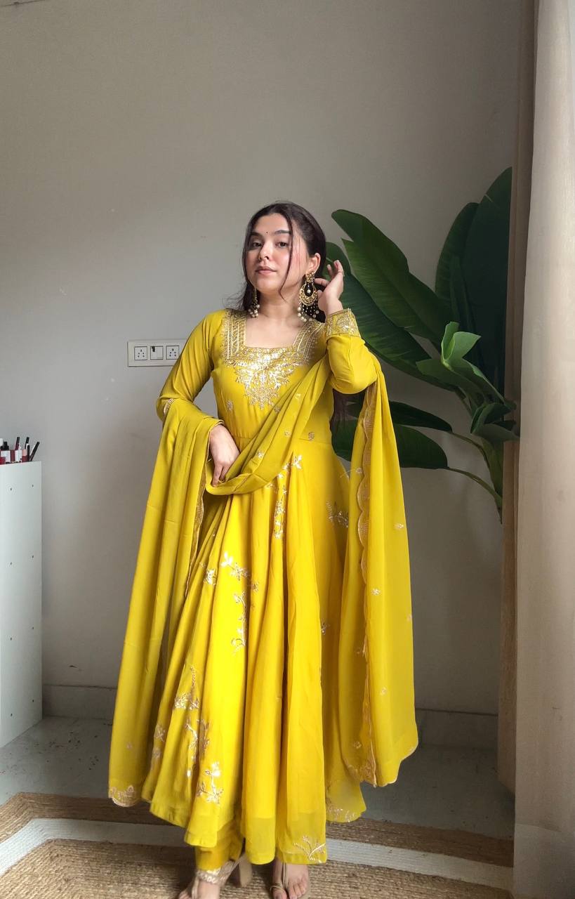 Yellow fox georgette sequence embroidery work gown pant and dupatta