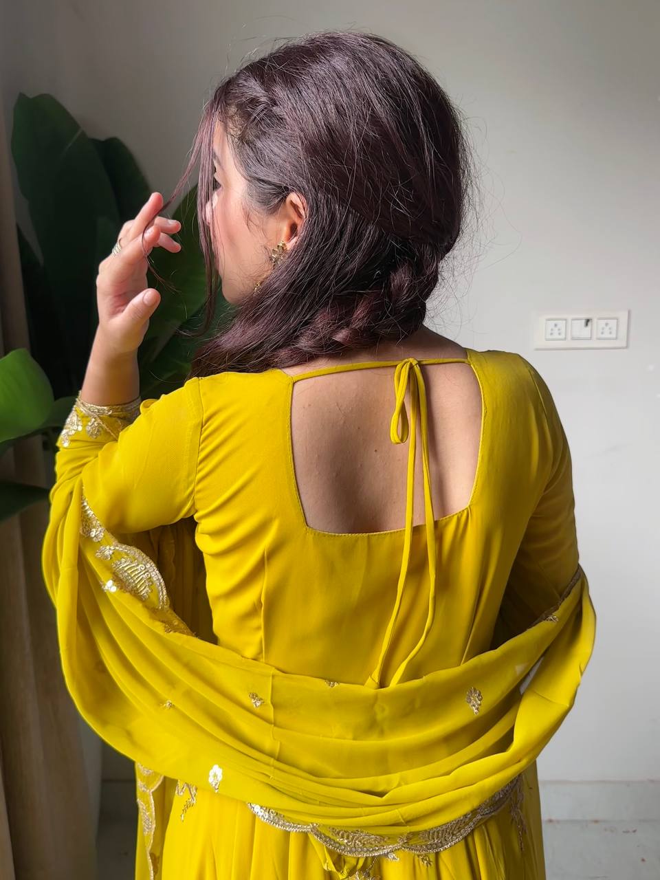 Yellow fox georgette sequence embroidery work gown pant and dupatta